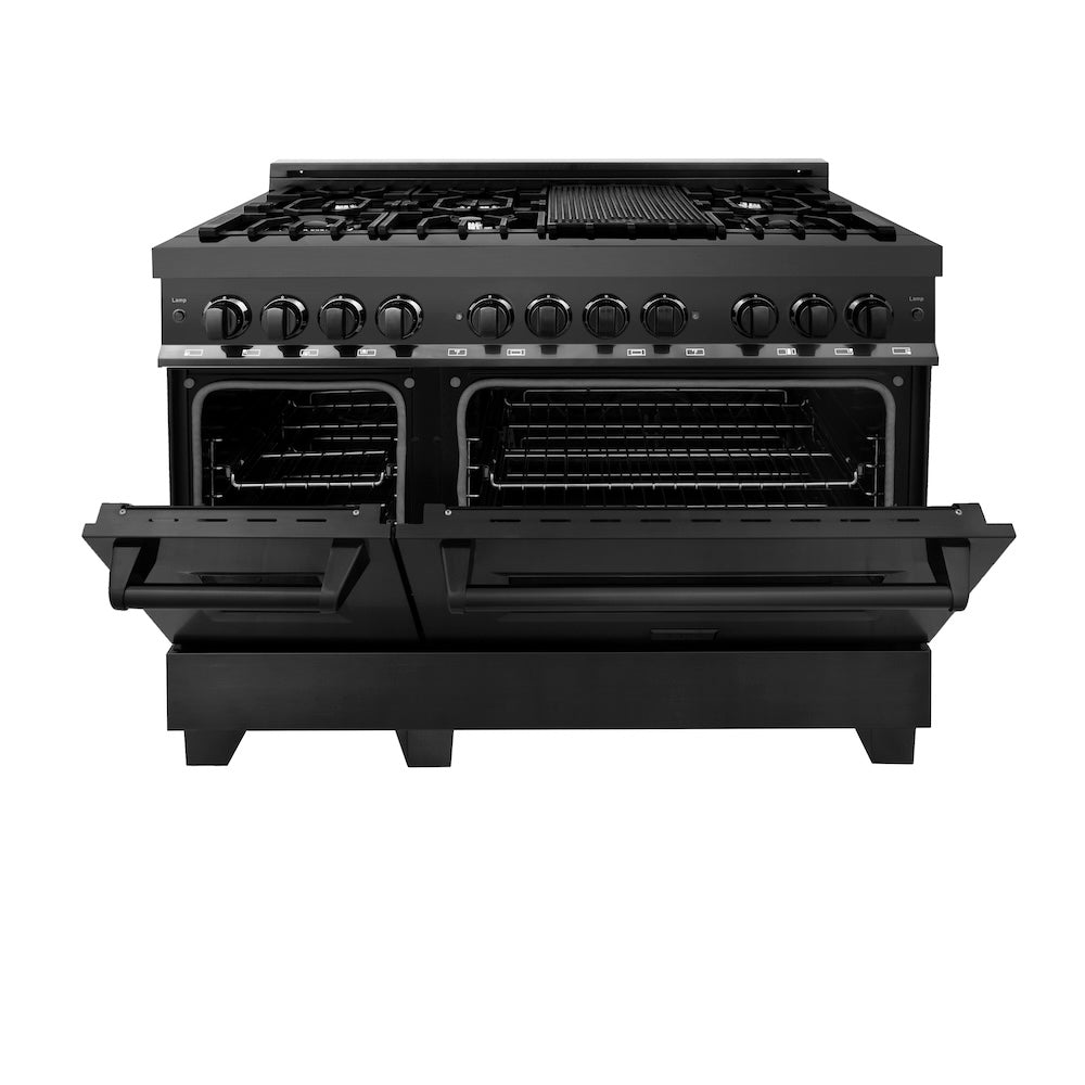 ZLINE 48 in. 6.0 cu. ft. Legacy Dual Fuel Range with 7 Burner Gas Cooktop and 2 Electric Ovens in Black Stainless Steel, Open Box-Good Condition