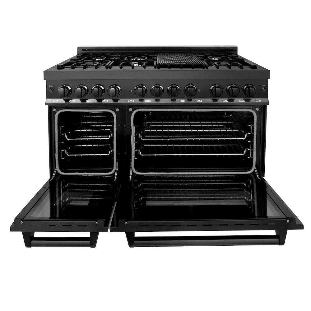 ZLINE 48 in. 6.0 cu. ft. Legacy Dual Fuel Range with 7 Burner Gas Cooktop and 2 Electric Ovens in Black Stainless Steel, Open Box-Good Condition