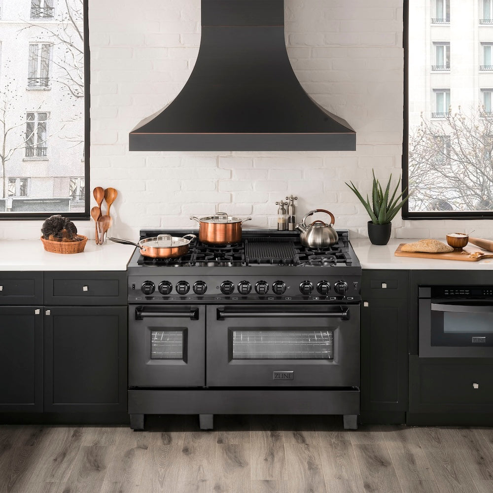 ZLINE 48 in. 6.0 cu. ft. Legacy Dual Fuel Range with 7 Burner Gas Cooktop and 2 Electric Ovens in Black Stainless Steel, Open Box-Good Condition