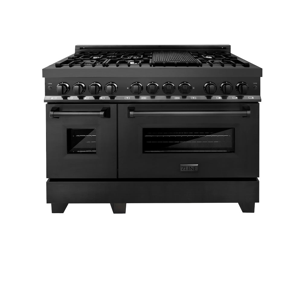 ZLINE 48 in. 6.0 cu. ft. Legacy Dual Fuel Range with 7 Burner Gas Cooktop and 2 Electric Ovens in Black Stainless Steel, Open Box-Good Condition