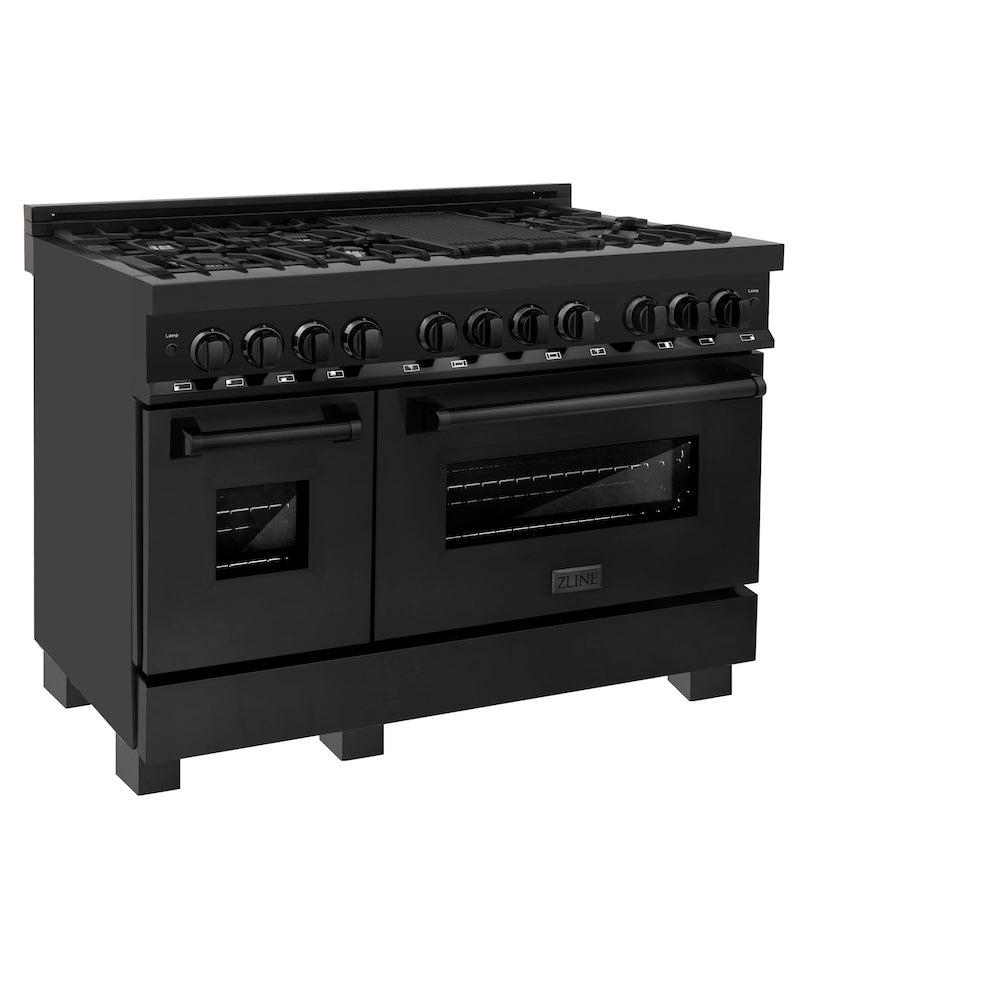 ZLINE 48 in. 6.0 cu. ft. Legacy Dual Fuel Range with 7 Burner Gas Cooktop and 2 Electric Ovens in Black Stainless Steel, Open Box-Good Condition