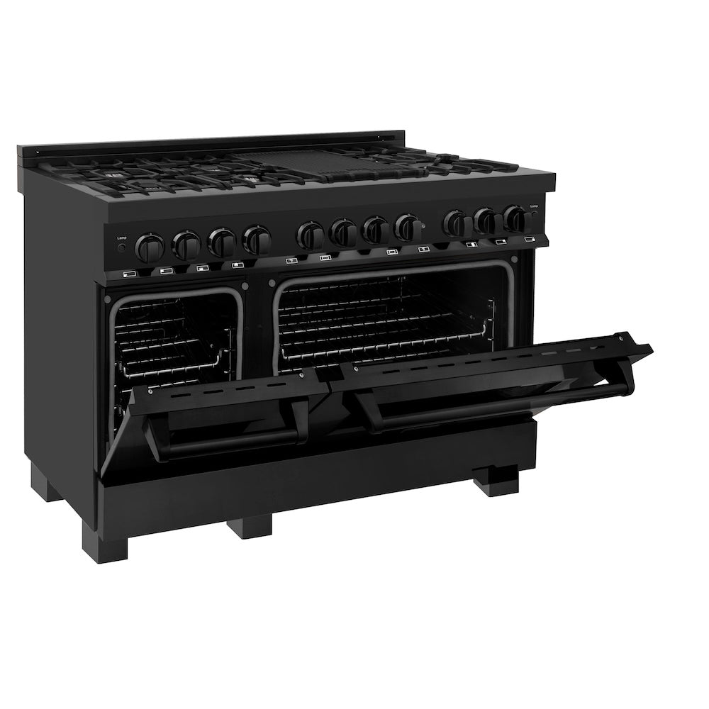 ZLINE 48 in. 6.0 cu. ft. Legacy Dual Fuel Range with 7 Burner Gas Cooktop and 2 Electric Ovens in Black Stainless Steel, Open Box-Good Condition