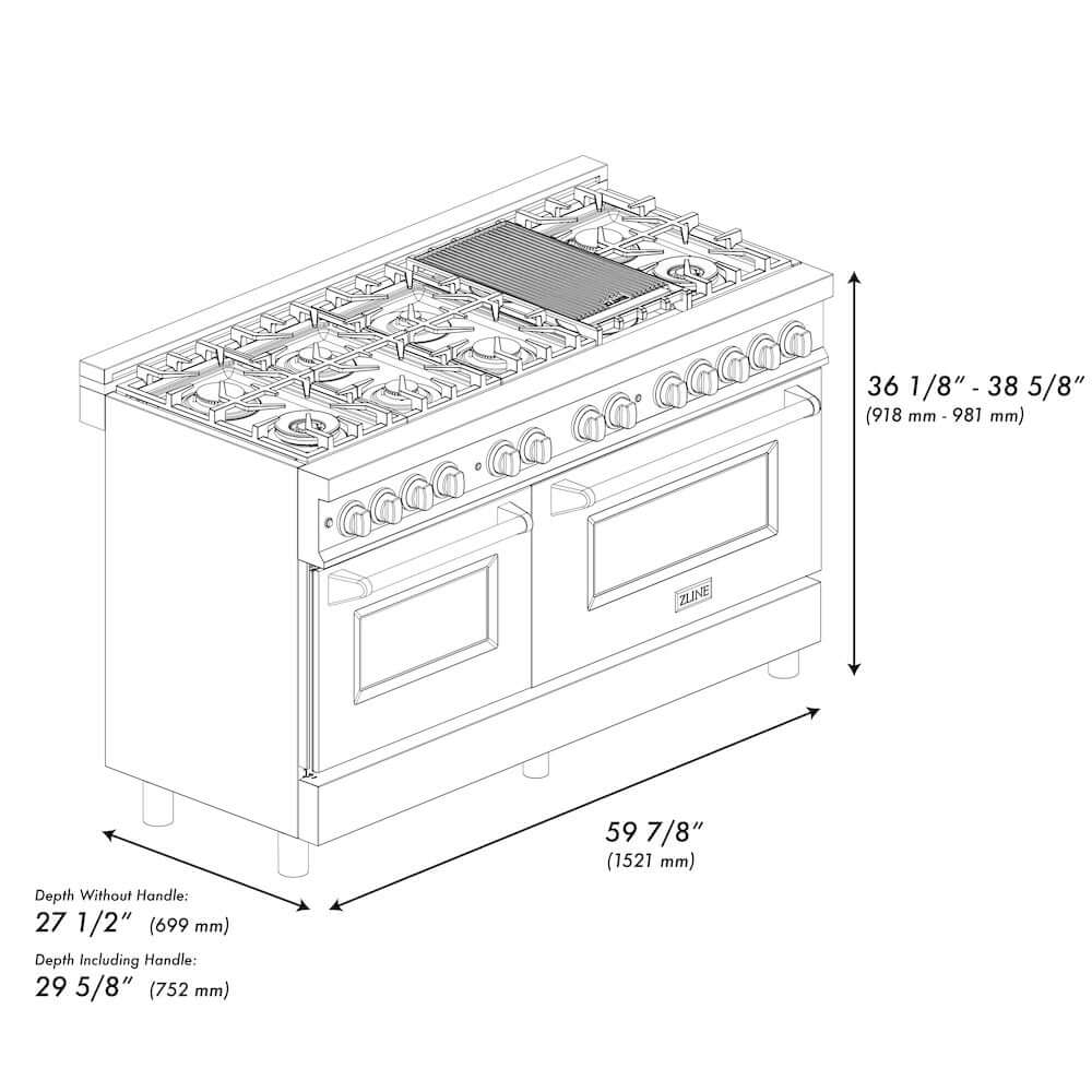 ZLINE 60 in. 7.4 cu. ft. Legacy Dual Fuel Range with 9 Burner Gas Cooktop and 2 Electric Convection Ovens in Black Stainless Steel (RAB-60) dimensional diagram.