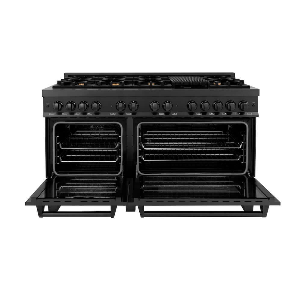 ZLINE 60 in. 7.4 cu. ft. Legacy Dual Fuel Range with 9 Burner Gas Cooktop and 2 Electric Convection Ovens in Black Stainless Steel (RAB-60) front, oven open.