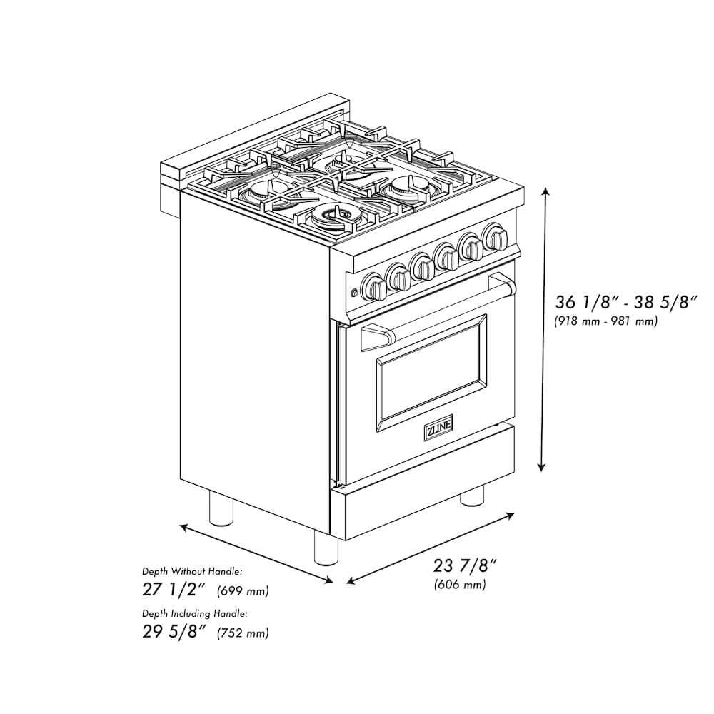 ZLINE 24 in. 2.8 cu. ft. Legacy Dual Fuel Range with Gas Cooktop and Electric Convection Oven in Black Stainless Steel with 4 Brass Burners (RAB-BR-24) dimensional diagram.