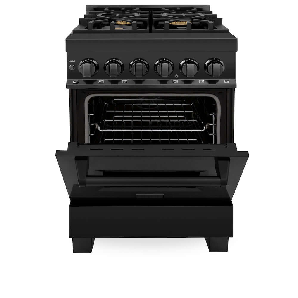 ZLINE 24" Black Stainless Steel Dual Fuel Range with brass burners, front with oven door half open.