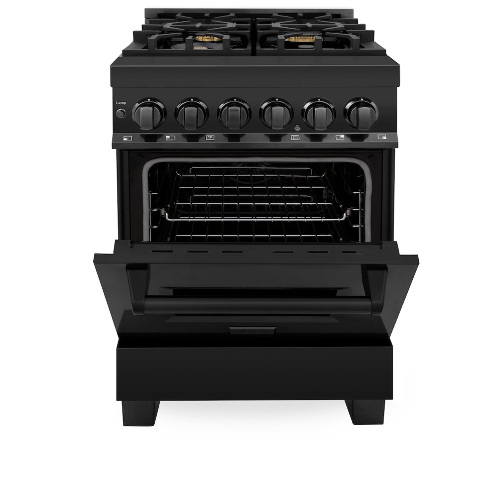 ZLINE 24 in. 2.8 cu. ft. Legacy Dual Fuel Range with Gas Cooktop and Electric Convection Oven in Black Stainless Steel with 4 Brass Burners, Open Box-Good Condition