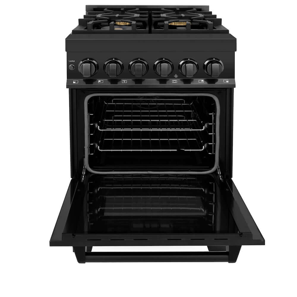 ZLINE 24" Black Stainless Steel Dual Fuel Range with brass burners, front with oven door fully open.