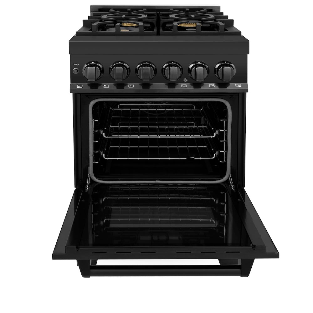 ZLINE 24 in. 2.8 cu. ft. Legacy Dual Fuel Range with Gas Cooktop and Electric Convection Oven in Black Stainless Steel with 4 Brass Burners, Open Box-Good Condition