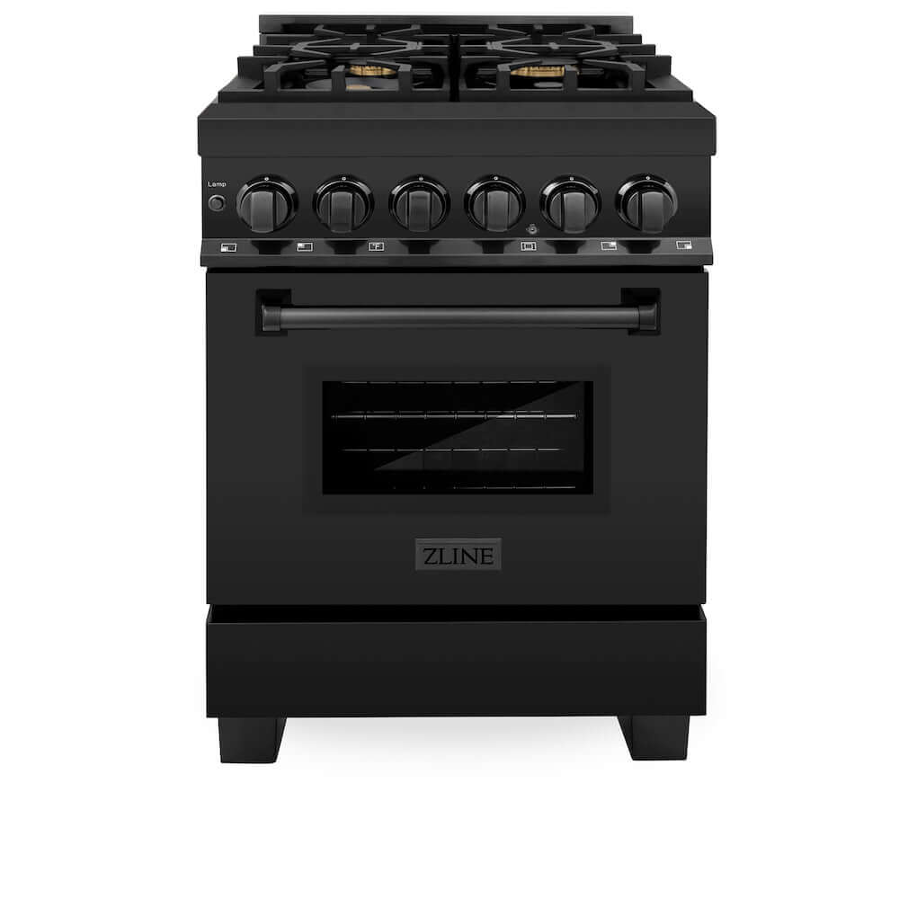 ZLINE 24 in. 2.8 cu. ft. Legacy Dual Fuel Range with Gas Cooktop and Electric Convection Oven in Black Stainless Steel with 4 Brass Burners (RAB-BR-24) front, oven closed.