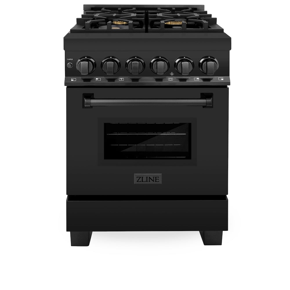 ZLINE 24 in. 2.8 cu. ft. Legacy Dual Fuel Range with Gas Cooktop and Electric Convection Oven in Black Stainless Steel with 4 Brass Burners, Open Box-Good Condition