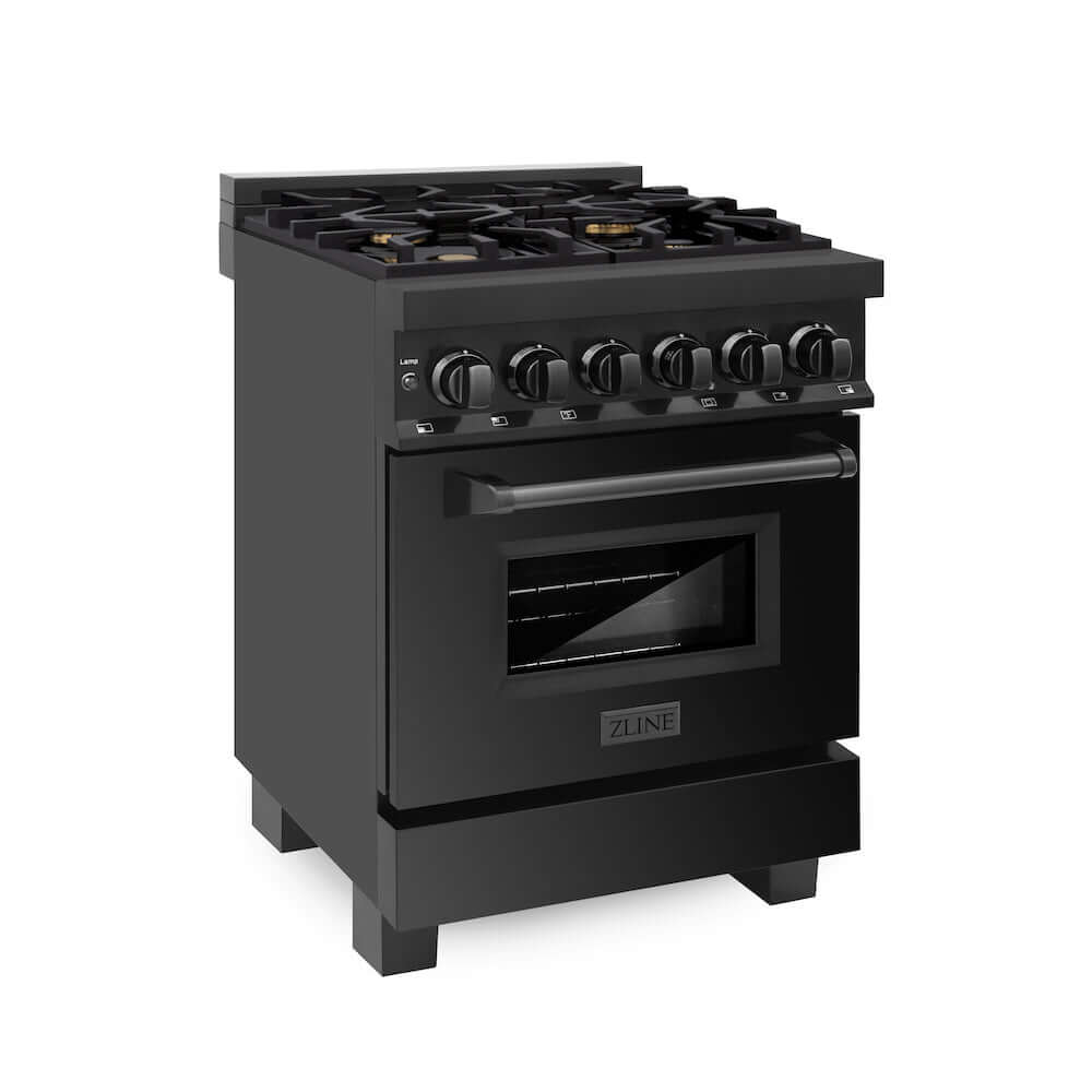 ZLINE 24 in. 2.8 cu. ft. Legacy Dual Fuel Range with Gas Cooktop and Electric Convection Oven in Black Stainless Steel with 4 Brass Burners (RAB-BR-24)