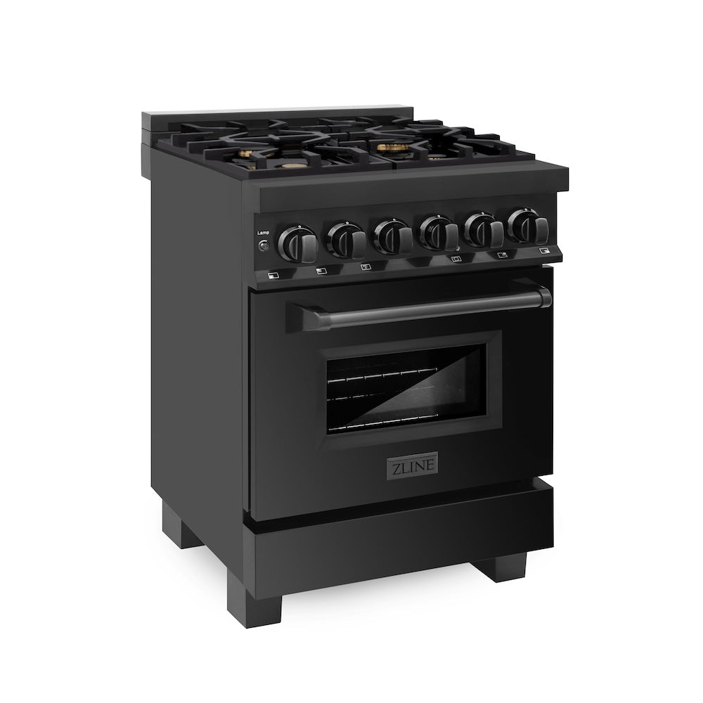 ZLINE 24 in. 2.8 cu. ft. Legacy Dual Fuel Range with Gas Cooktop and Electric Convection Oven in Black Stainless Steel with 4 Brass Burners, Open Box-Good Condition