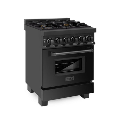 ZLINE 24 in. 2.8 cu. ft. Legacy Dual Fuel Range with Gas Cooktop and Electric Convection Oven in Black Stainless Steel with 4 Brass Burners, Open Box-Great Condition