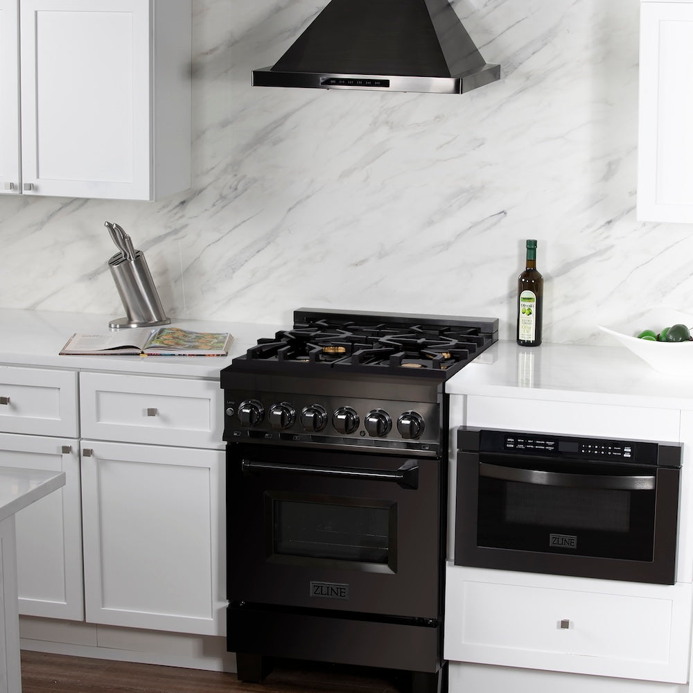 ZLINE 24 in. 2.8 cu. ft. Legacy Dual Fuel Range with Gas Cooktop and Electric Convection Oven in Black Stainless Steel with 4 Brass Burners, Open Box-Good Condition