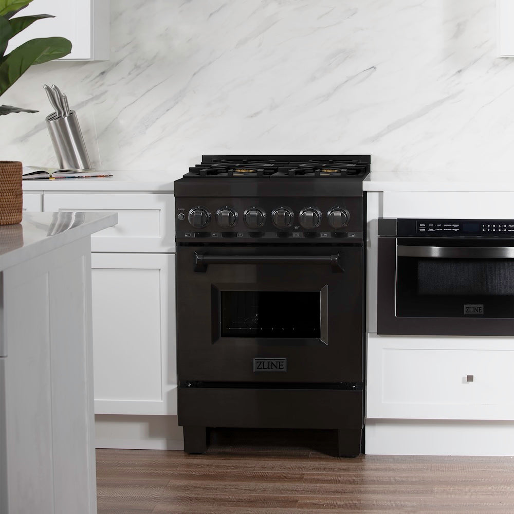 ZLINE 24 in. 2.8 cu. ft. Legacy Dual Fuel Range with Gas Cooktop and Electric Convection Oven in Black Stainless Steel with 4 Brass Burners, Open Box-Good Condition