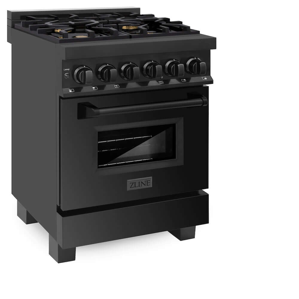 ZLINE 24 in. 2.8 cu. ft. Legacy Dual Fuel Range with Gas Cooktop and Electric Convection Oven in Black Stainless Steel with 4 Brass Burners (RAB-BR-24) side, oven closed.