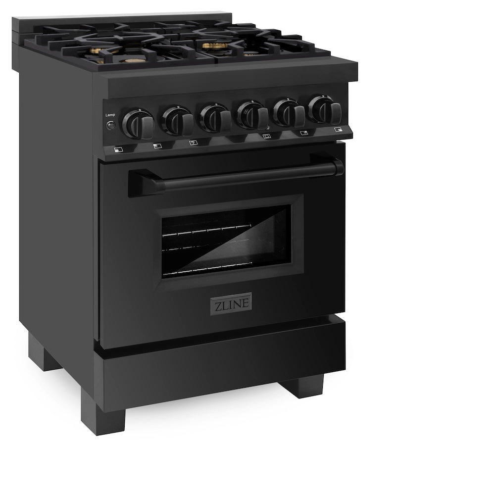 ZLINE 24 in. 2.8 cu. ft. Legacy Dual Fuel Range with Gas Cooktop and Electric Convection Oven in Black Stainless Steel with 4 Brass Burners, Open Box-Good Condition