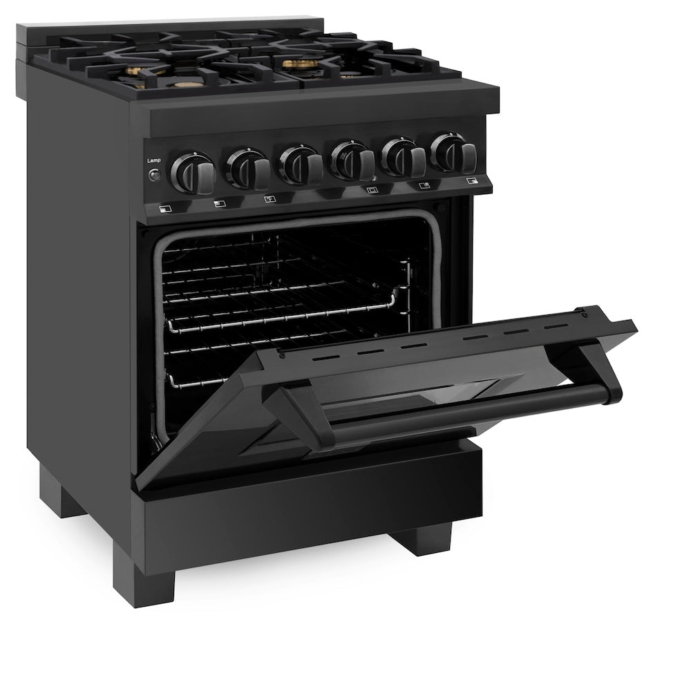 ZLINE 24 in. 2.8 cu. ft. Legacy Dual Fuel Range with Gas Cooktop and Electric Convection Oven in Black Stainless Steel with 4 Brass Burners, Open Box-Good Condition