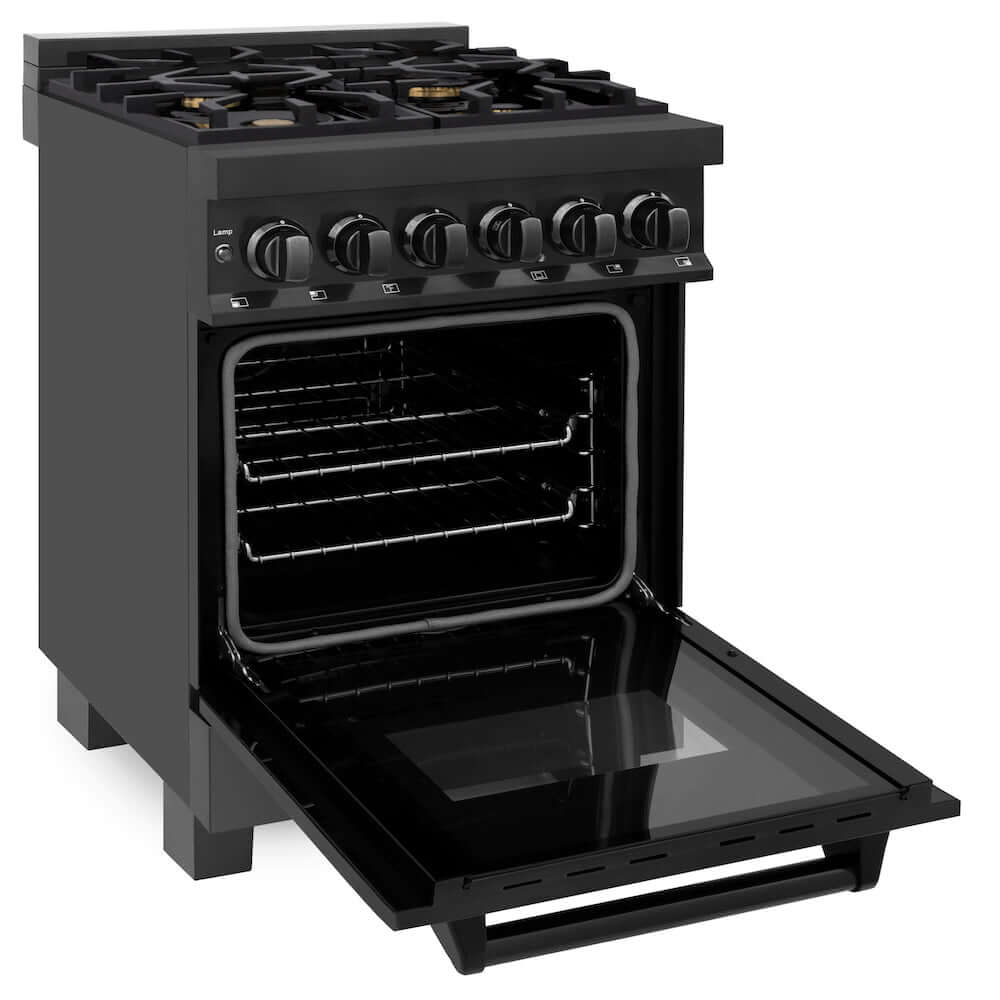 ZLINE 24 in. 2.8 cu. ft. Legacy Dual Fuel Range with Gas Cooktop and Electric Convection Oven in Black Stainless Steel with 4 Brass Burners (RAB-BR-24) side, oven open.