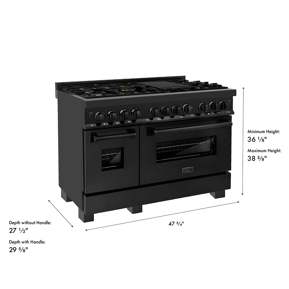 ZLINE 48 in. 6.0 cu. ft. Legacy Dual Fuel Range with Gas Cooktop and 2 Electric Ovens in Black Stainless Steel with 6 Brass Burners, Open Box-Good Condition dimensional diagram.