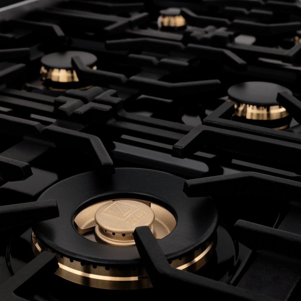 ZLINE 48 in. 6.0 cu. ft. Dual Fuel Range with Gas Stove and Electric Oven in Black Stainless Steel with Brass Burners (RAB-BR-48) close-up, brass burners and cast-iron grates from side.