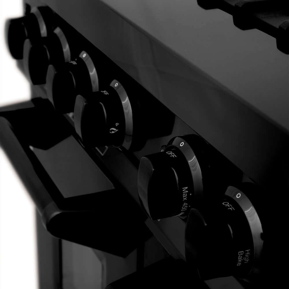 Black cooktop and oven knobs on ZLINE black stainless steel range.