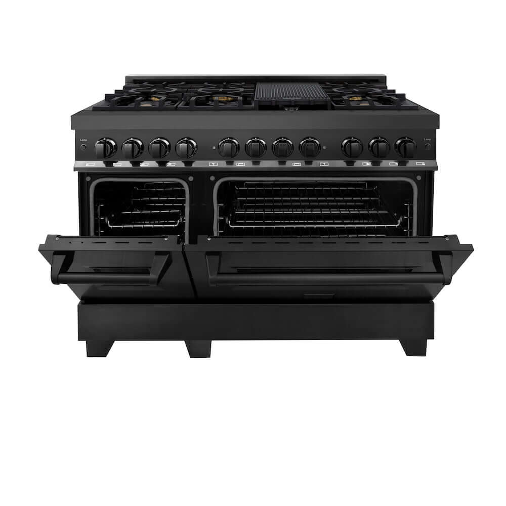 ZLINE 48" Black Stainless Steel Dual Fuel Range with brass burners and griddle front with oven doors half open.