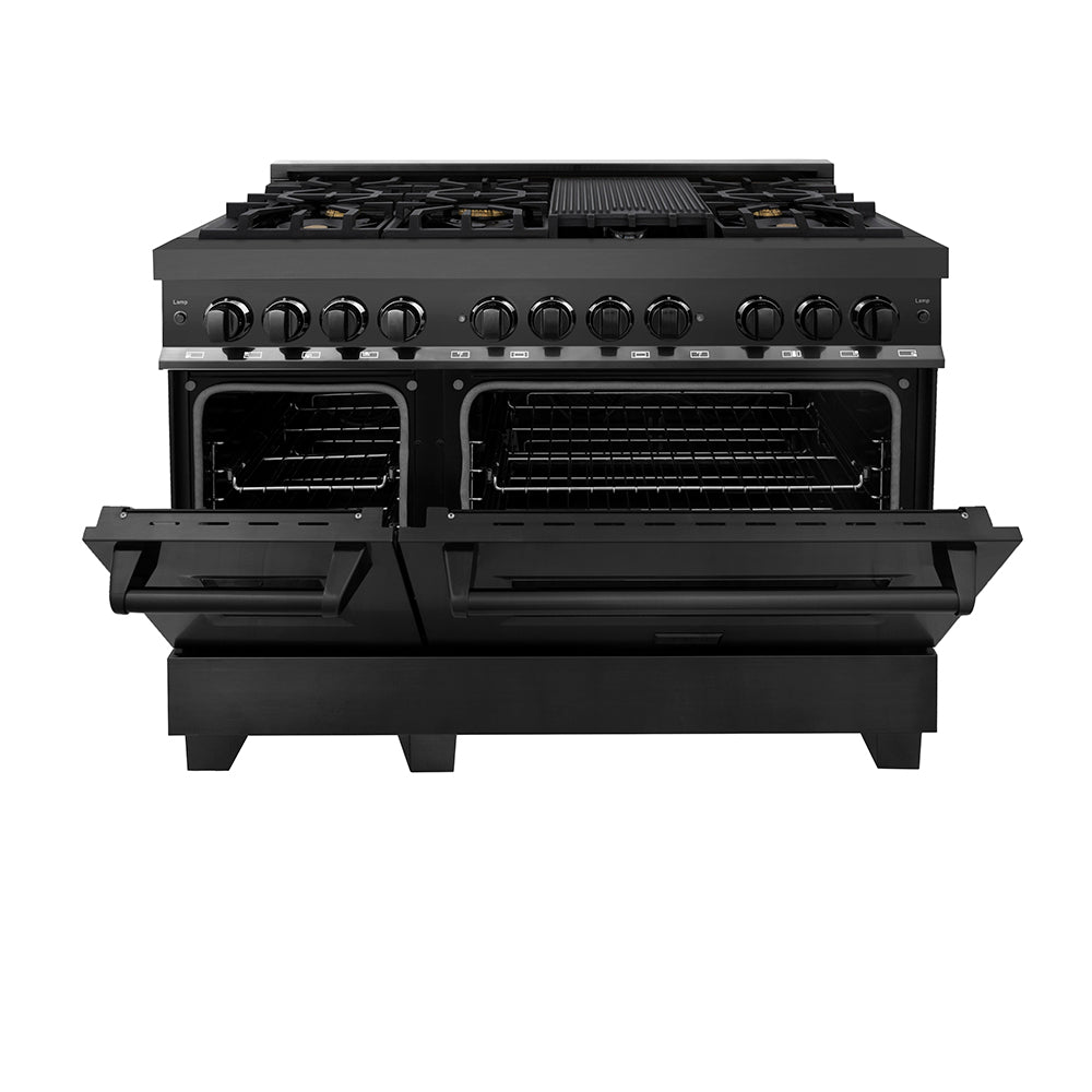 ZLINE 48 in. 6.0 cu. ft. Legacy Dual Fuel Range with Gas Cooktop and 2 Electric Ovens in Black Stainless Steel with 6 Brass Burners, Open Box-Good Condition