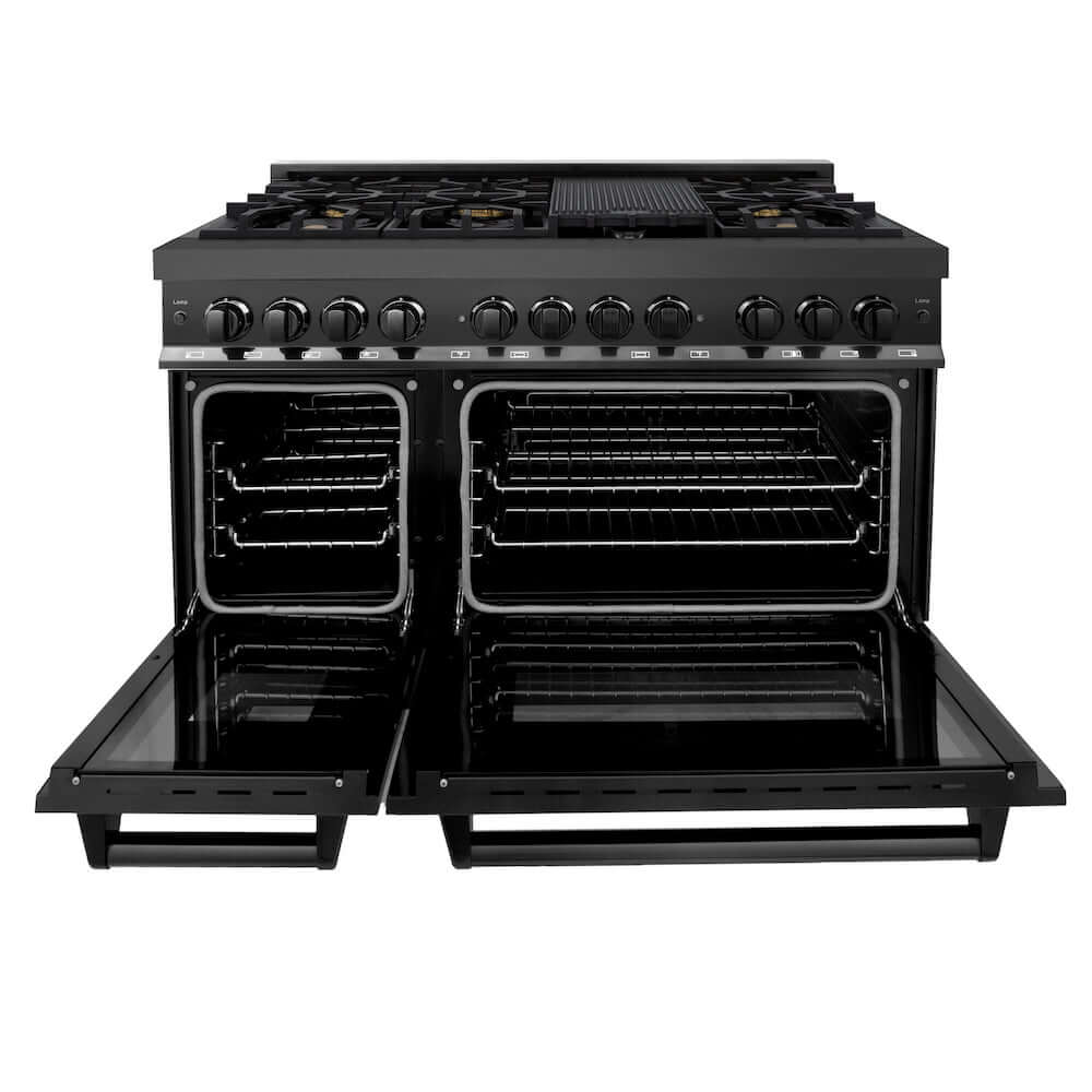 ZLINE 48" Black Stainless Steel Dual Fuel Range with brass burners and griddle front with oven doors fully open.