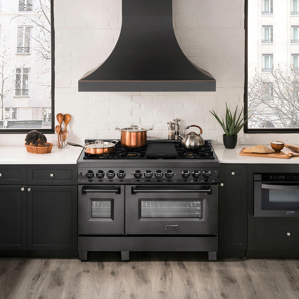 ZLINE 48 in. 6.0 cu. ft. Legacy Dual Fuel Range with Gas Cooktop and 2 Electric Ovens in Black Stainless Steel with 6 Brass Burners, Open Box-Good Condition