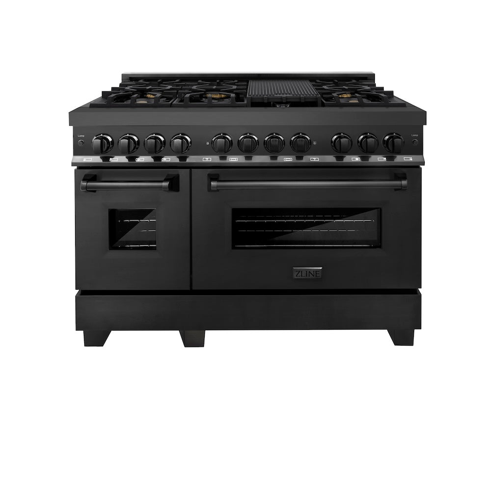 ZLINE 48 in. 6.0 cu. ft. Legacy Dual Fuel Range with Gas Cooktop and 2 Electric Ovens in Black Stainless Steel with 6 Brass Burners (RAB-BR-48)