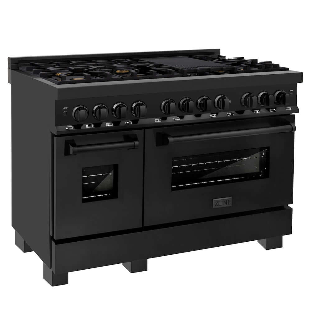 ZLINE 48" Black Stainless Steel Dual Fuel Range with double ovens and brass burners side view.