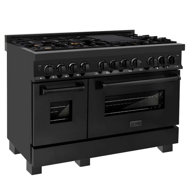 ZLINE 48 in. 6.0 cu. ft. Legacy Dual Fuel Range with Gas Cooktop and 2 Electric Ovens in Black Stainless Steel with 6 Brass Burners (RAB-BR-48)