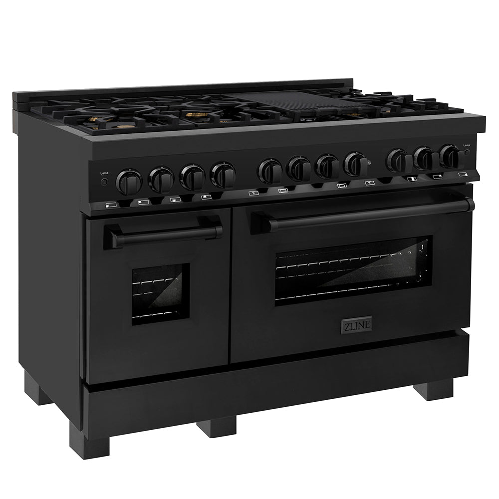 ZLINE 48 in. 6.0 cu. ft. Legacy Dual Fuel Range with Gas Cooktop and 2 Electric Ovens in Black Stainless Steel with 6 Brass Burners (RAB-BR-48) main image.