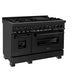 ZLINE 48 in. 6.0 cu. ft. Dual Fuel Range with Gas Stove and Electric Oven in Black Stainless Steel with Brass Burners (RAB-BR-48) side, ovens closed.