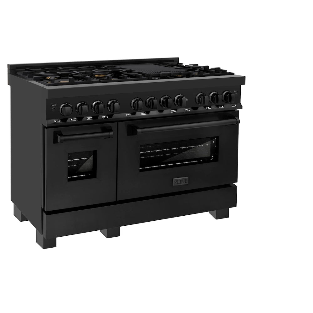 ZLINE 48 in. 6.0 cu. ft. Dual Fuel Range with Gas Stove and Electric Oven in Black Stainless Steel with Brass Burners (RAB-BR-48) side, ovens closed.