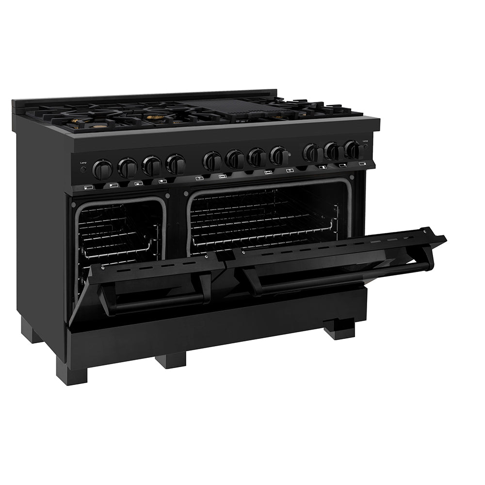 ZLINE 48 in. 6.0 cu. ft. Legacy Dual Fuel Range with Gas Cooktop and 2 Electric Ovens in Black Stainless Steel with 6 Brass Burners, Open Box-Good Condition