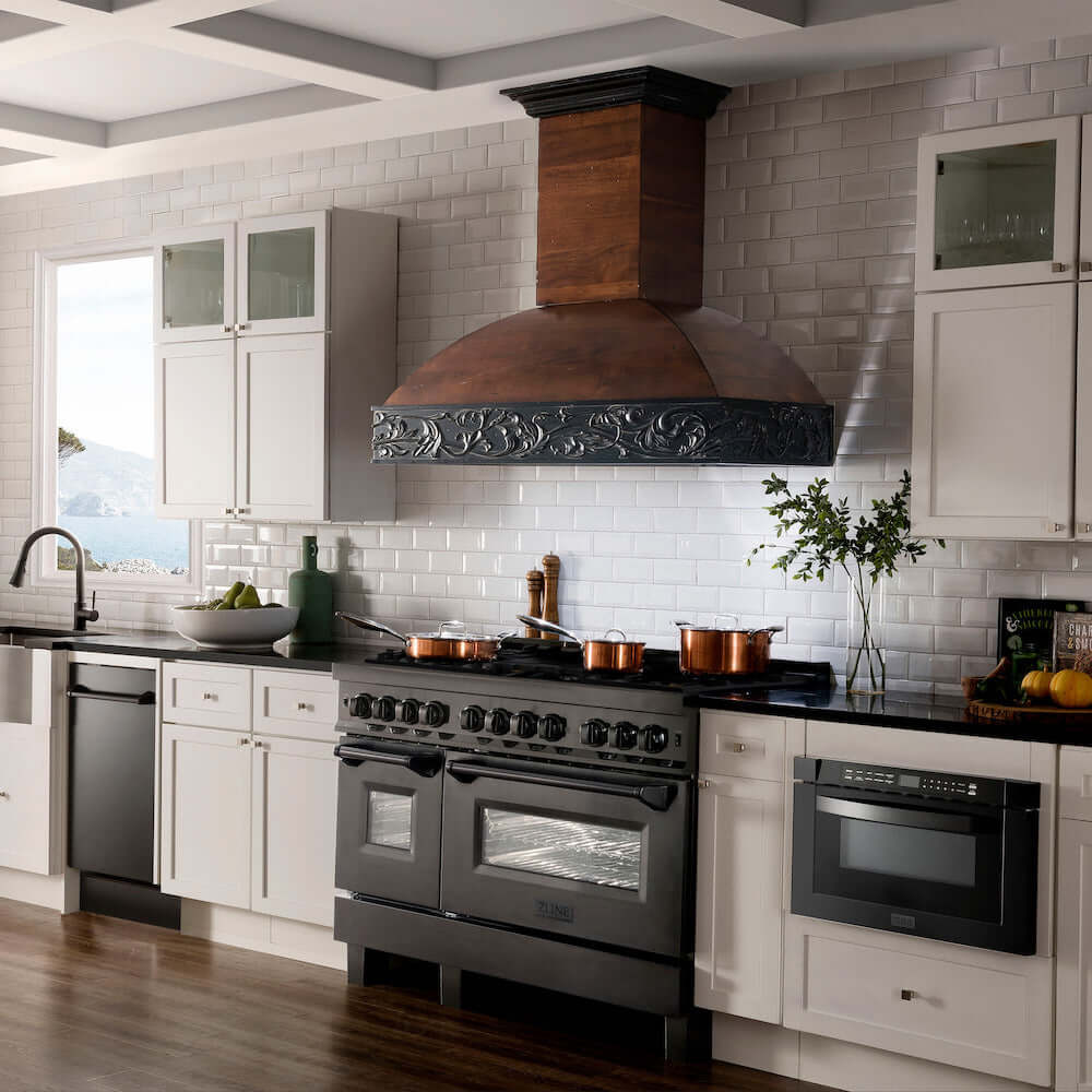 ZLINE 48" Black Stainless Steel Dual Fuel Range and Wooden Range Hood in a luxury farmhouse-style kitchen.