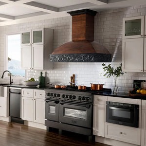 ZLINE 48 in. 6.0 cu. ft. Legacy Dual Fuel Range with Gas Cooktop and 2 Electric Ovens in Black Stainless Steel with 6 Brass Burners (RAB-BR-48) in a custom kitchen with black appliances, white cabinets, and a decorative wooden hood.
