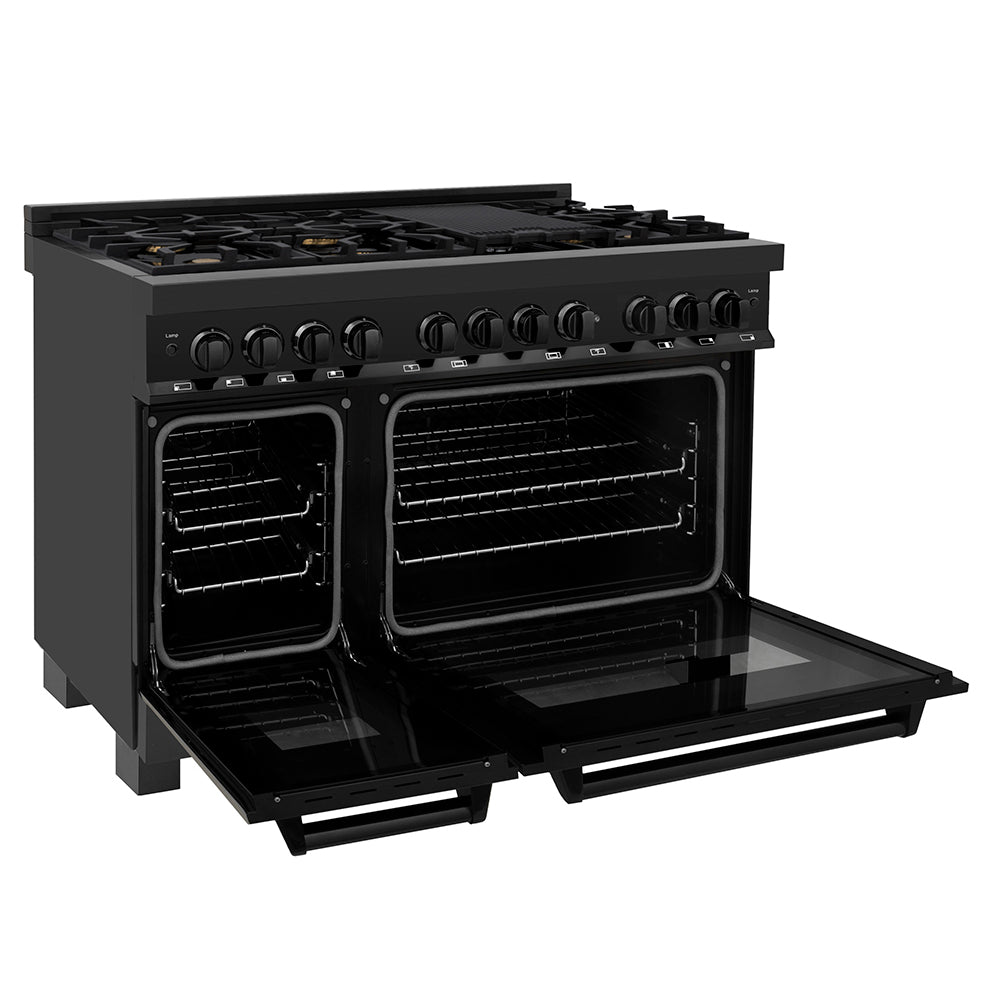 ZLINE 48 in. 6.0 cu. ft. Legacy Dual Fuel Range with Gas Cooktop and 2 Electric Ovens in Black Stainless Steel with 6 Brass Burners, Open Box-Good Condition