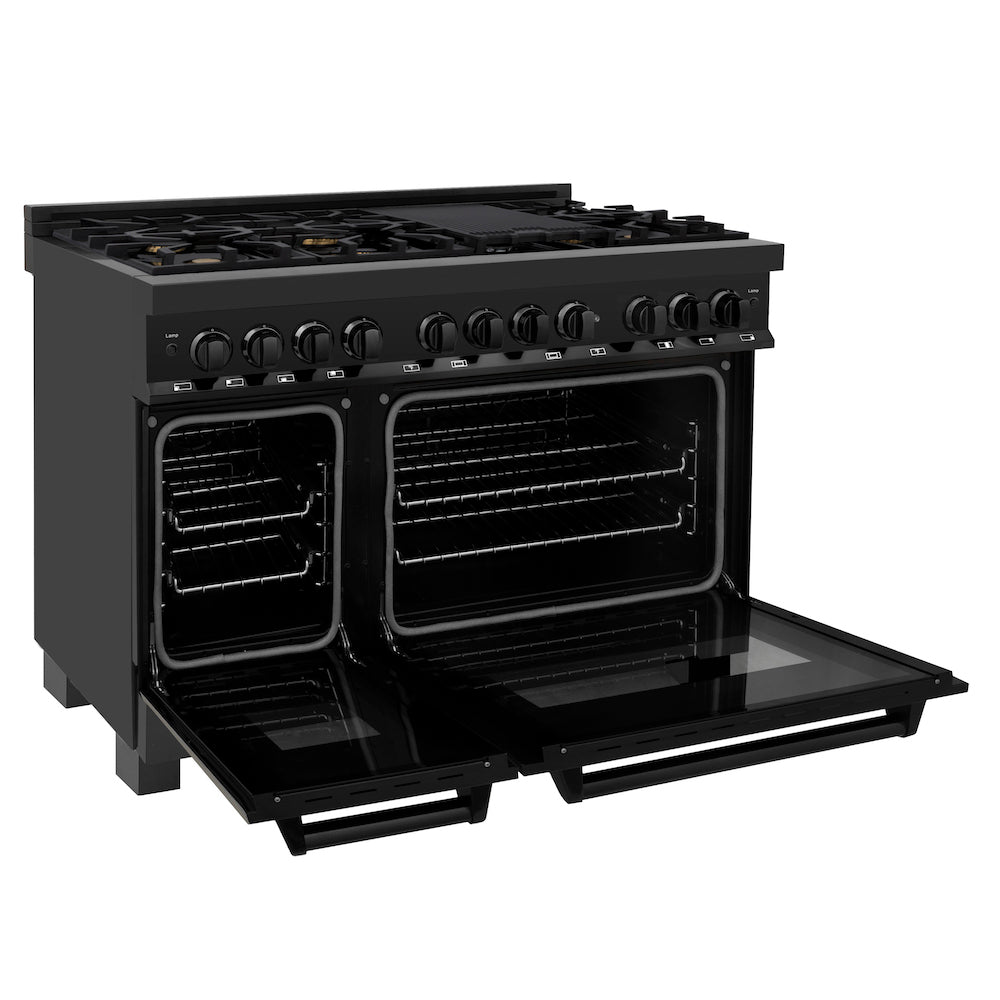 ZLINE 48" Black Stainless Steel Dual Fuel Range with Brass Burners side with oven doors open.