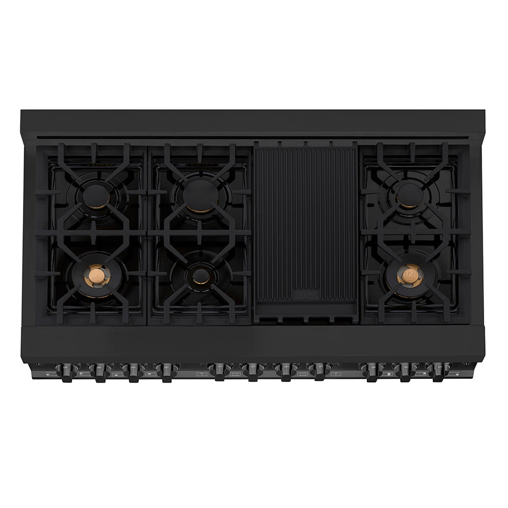 ZLINE 48 in. 6.0 cu. ft. Legacy Dual Fuel Range with Gas Cooktop and 2 Electric Ovens in Black Stainless Steel with 6 Brass Burners, Open Box-Good Condition