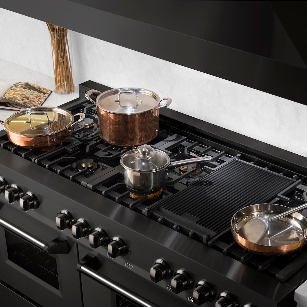ZLINE 60 in. 7.4 cu. ft. Legacy Dual Fuel Range with Gas Cooktop and 2 Electric Convection Ovens in Black Stainless Steel with 8 Brass Burners, Open Box-Good Condition