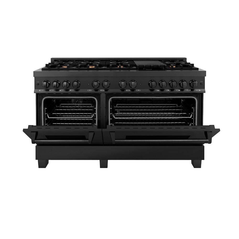 ZLINE 60 in. 7.4 cu. ft. Legacy Dual Fuel Range with Gas Cooktop and 2 Electric Convection Ovens in Black Stainless Steel with 8 Brass Burners, Open Box-Good Condition