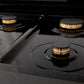ZLINE Autograph Edition 30 in. 4.0 cu. ft. Legacy Dual Fuel Range with 4 Burner Gas Cooktop and Electric Convection Oven in Black Stainless Steel and Champagne Bronze Accents (RABZ-30-CB) close-up, brass burners on black porcelain cooktop with no grates.