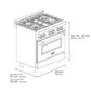 ZLINE Autograph Edition 30 in. 4.0 cu. ft. Legacy Dual Fuel Range with 4 Burner Gas Cooktop and Electric Convection Oven in Black Stainless Steel and Champagne Bronze Accents (RABZ-30-CB) dimensional diagram.
