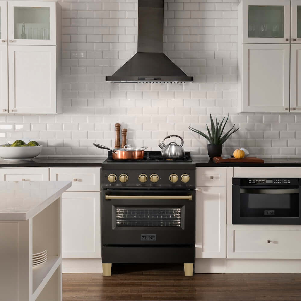 ZLINE Autograph Edition 30 in. 4.0 cu. ft. Legacy Dual Fuel Range with 4 Burner Gas Cooktop and Electric Convection Oven in Black Stainless Steel and Champagne Bronze Accents, Open Box-Good Condition