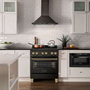 ZLINE Autograph Edition 30 in. 4.0 cu. ft. Legacy Dual Fuel Range with 4 Burner Gas Cooktop and Electric Convection Oven in Black Stainless Steel and Champagne Bronze Accents, Open Box-Good Condition