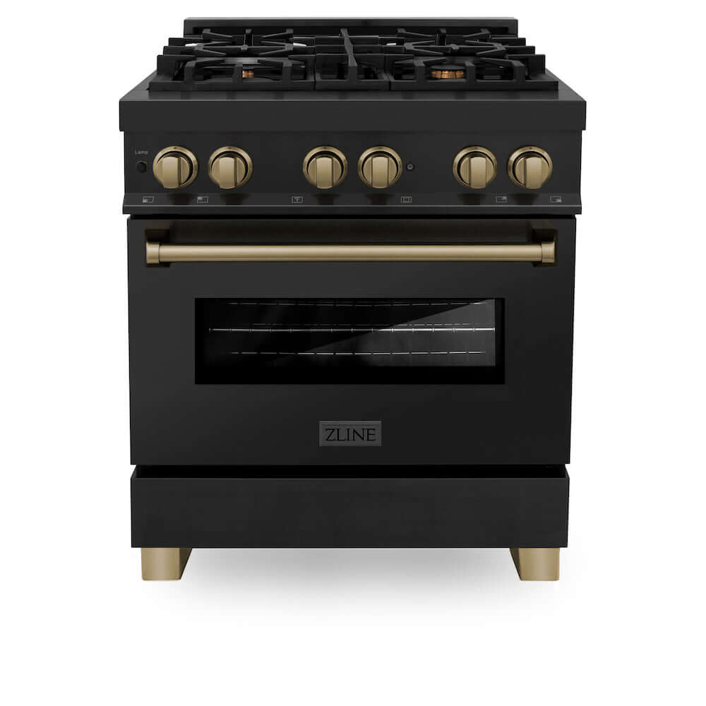 ZLINE Autograph Edition 30 in. 4.0 cu. ft. Dual Fuel Range with Gas Stove and Electric Oven in Black Stainless Steel with Champagne Bronze Accents (RABZ-30-CB) front, oven closed.